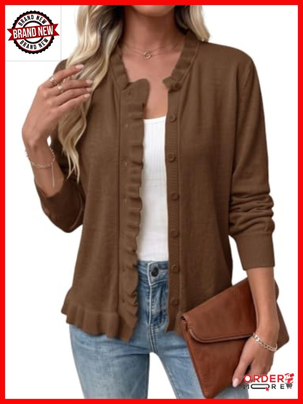 Ruffle Trim Button Front Knit Cardigan Sweater Lightweight